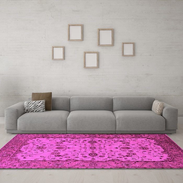 Machine Washable Oriental Pink Traditional Rug in a Living Room, wshurb2026pnk