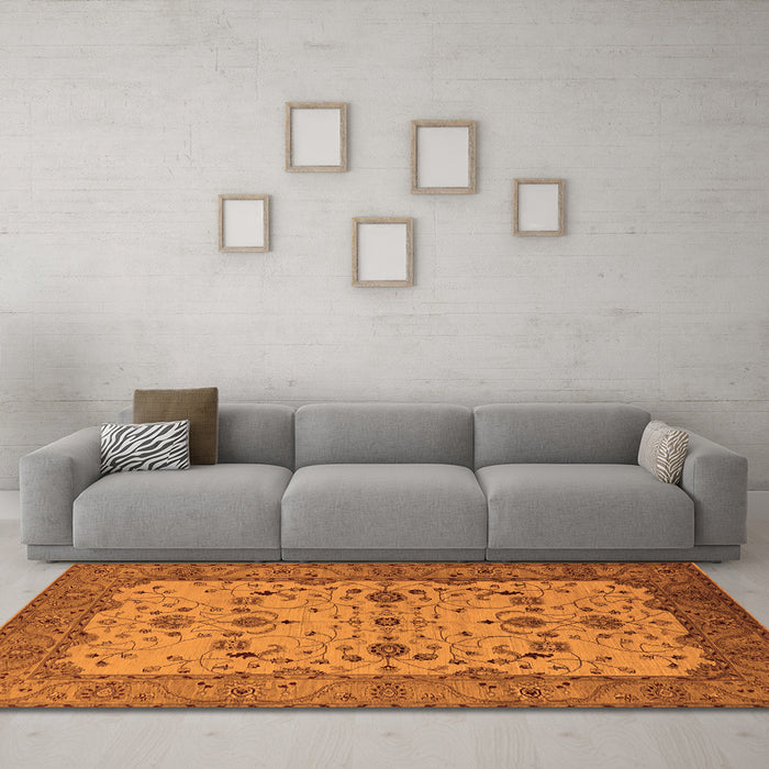 Machine Washable Oriental Orange Traditional Area Rugs in a Living Room, wshurb2026org