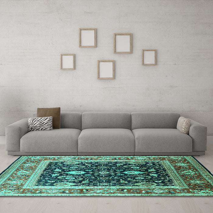 Machine Washable Oriental Turquoise Industrial Area Rugs in a Living Room,, wshurb2029turq