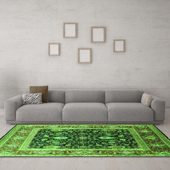 Machine Washable Oriental Green Industrial Area Rugs in a Living Room,, wshurb2029grn