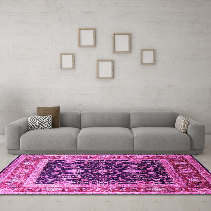 Machine Washable Oriental Pink Industrial Rug in a Living Room, wshurb2029pnk