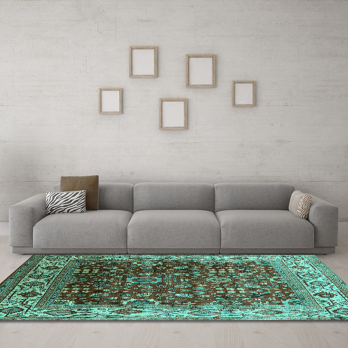 Machine Washable Oriental Turquoise Industrial Area Rugs in a Living Room,, wshurb2030turq