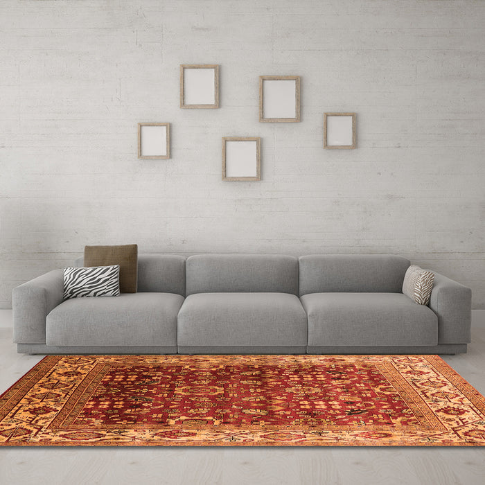Machine Washable Oriental Orange Industrial Area Rugs in a Living Room, wshurb2030org