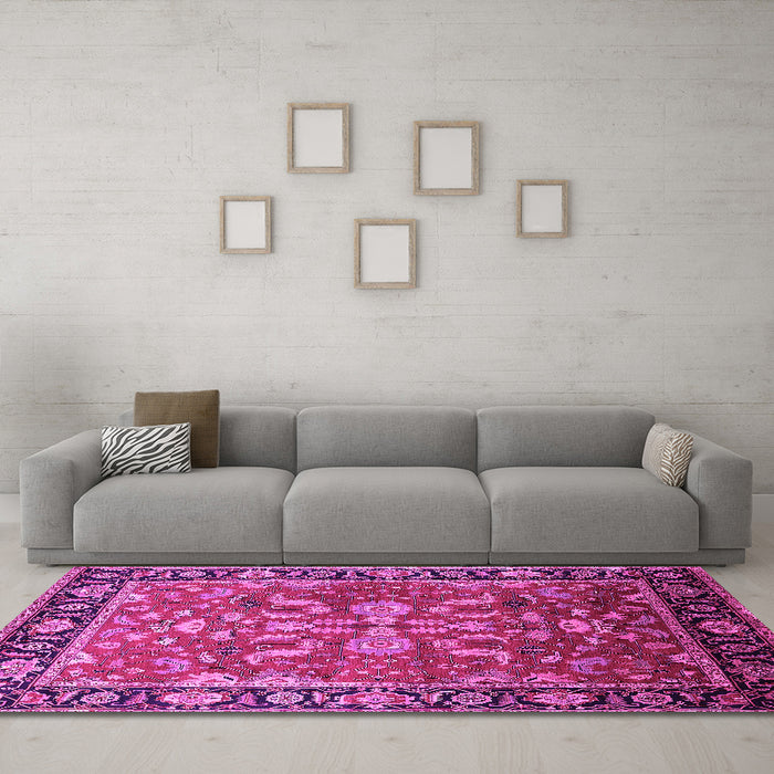 Machine Washable Oriental Pink Traditional Rug in a Living Room, wshurb2031pnk