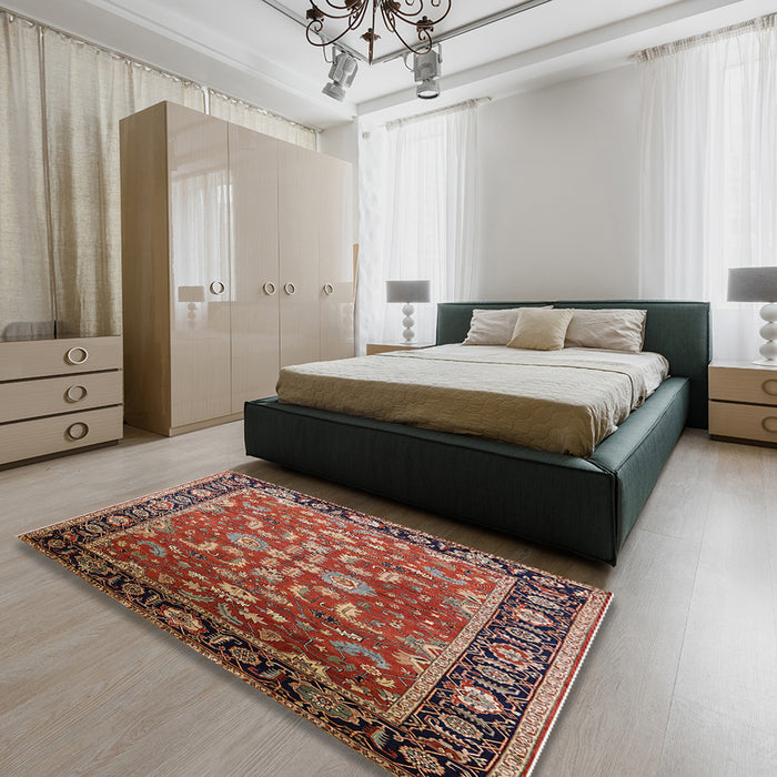 Mid-Century Modern Light Copper Gold Oriental Rug in a Bedroom, urb2031