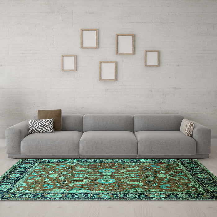 Machine Washable Oriental Turquoise Traditional Area Rugs in a Living Room,, wshurb2031turq