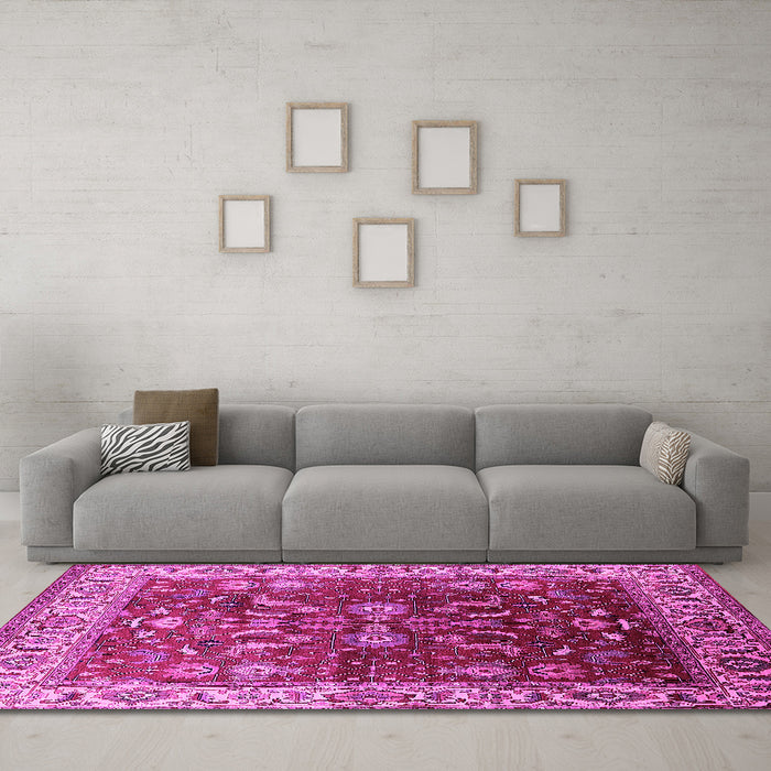Machine Washable Oriental Pink Traditional Rug in a Living Room, wshurb2032pnk