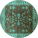 Round Machine Washable Oriental Turquoise Traditional Area Rugs, wshurb2032turq