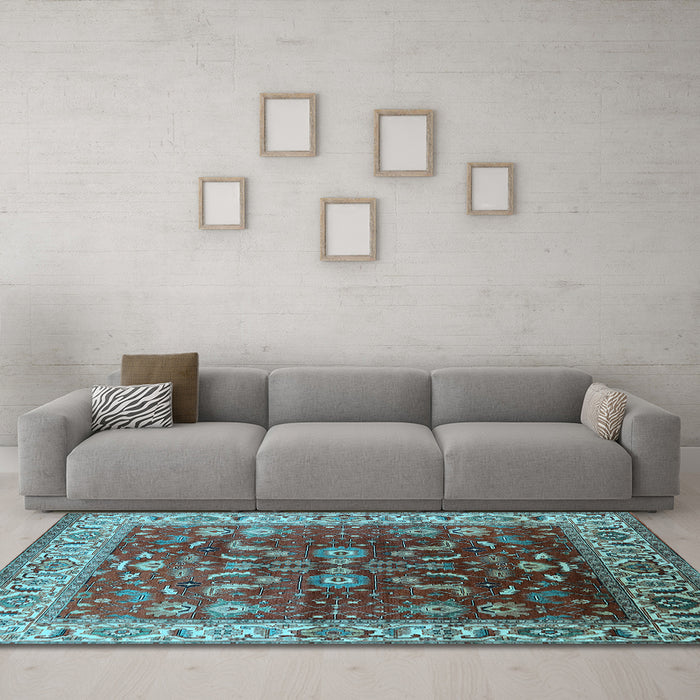Machine Washable Oriental Light Blue Traditional Rug in a Living Room, wshurb2032lblu