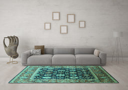 Machine Washable Oriental Turquoise Traditional Area Rugs in a Living Room,, wshurb2033turq