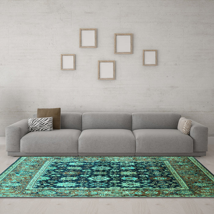 Machine Washable Oriental Turquoise Traditional Area Rugs in a Living Room,, wshurb2033turq