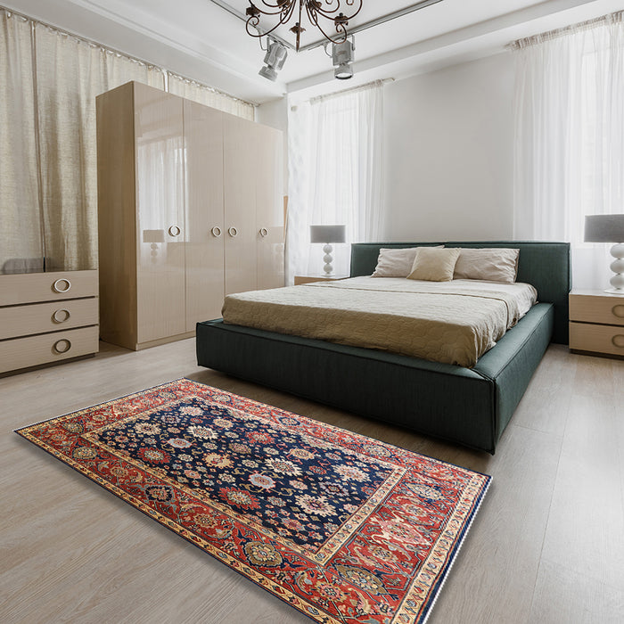 Mid-Century Modern Camel Brown Oriental Rug in a Bedroom, urb2033