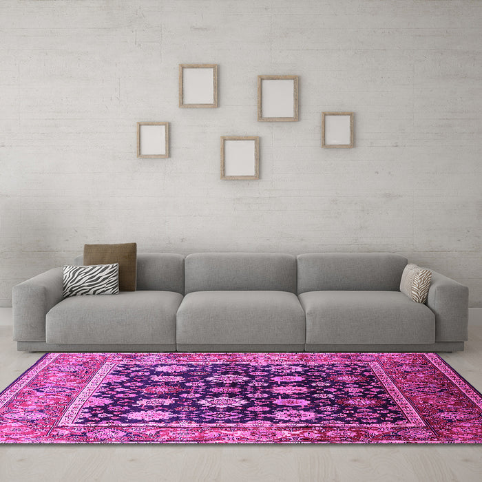 Machine Washable Oriental Pink Traditional Rug in a Living Room, wshurb2033pnk