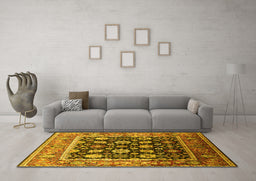 Machine Washable Oriental Yellow Traditional Rug in a Living Room, wshurb2033yw