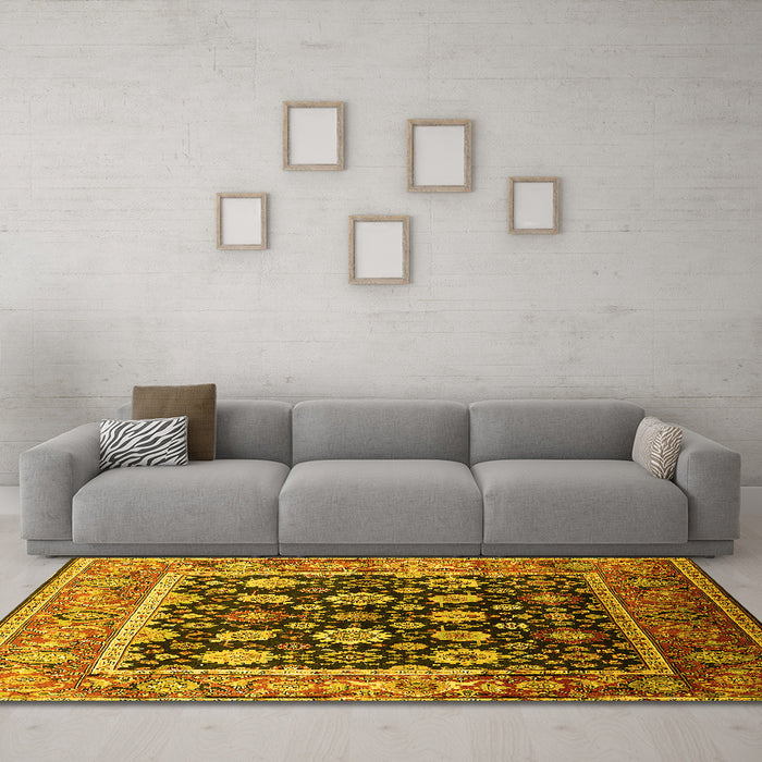 Machine Washable Oriental Yellow Traditional Rug in a Living Room, wshurb2033yw