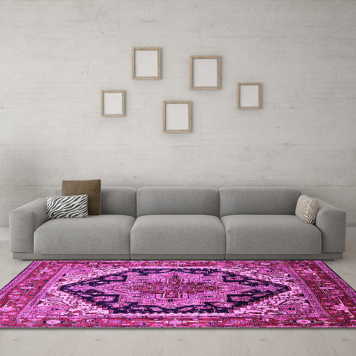 Machine Washable Geometric Pink Traditional Rug in a Living Room, wshurb2034pnk
