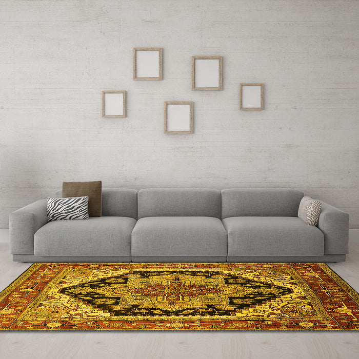Machine Washable Geometric Yellow Traditional Rug in a Living Room, wshurb2034yw