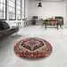 Round Mid-Century Modern Camel Brown Geometric Rug in a Office, urb2034