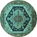 Round Machine Washable Geometric Turquoise Traditional Area Rugs, wshurb2034turq