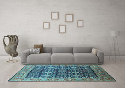 Machine Washable Oriental Light Blue Traditional Rug in a Living Room, wshurb2035lblu