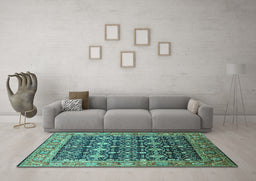 Machine Washable Oriental Turquoise Traditional Area Rugs in a Living Room,, wshurb2035turq