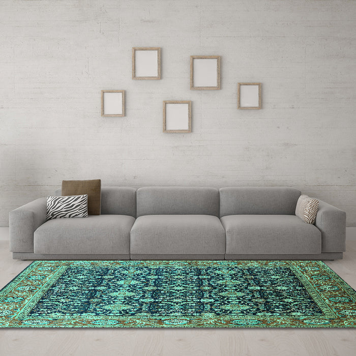 Machine Washable Oriental Turquoise Traditional Area Rugs in a Living Room,, wshurb2035turq
