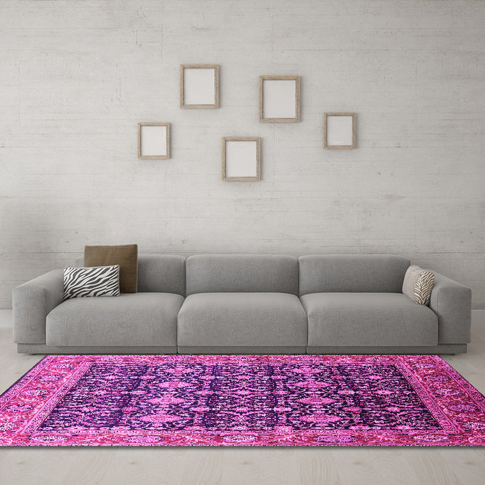 Machine Washable Oriental Pink Traditional Rug in a Living Room, wshurb2035pnk