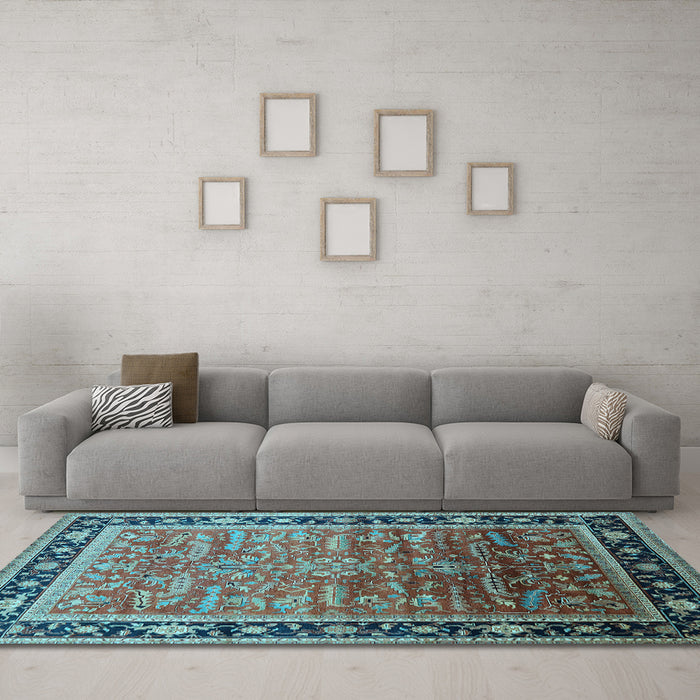 Machine Washable Oriental Light Blue Industrial Rug in a Living Room, wshurb2036lblu