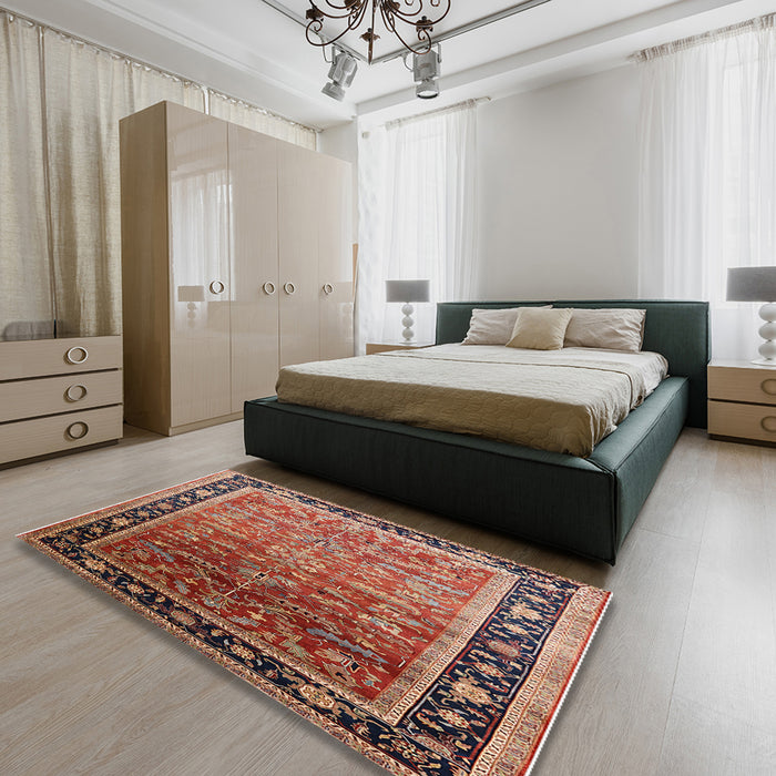 Mid-Century Modern Light Copper Gold Oriental Rug in a Bedroom, urb2036