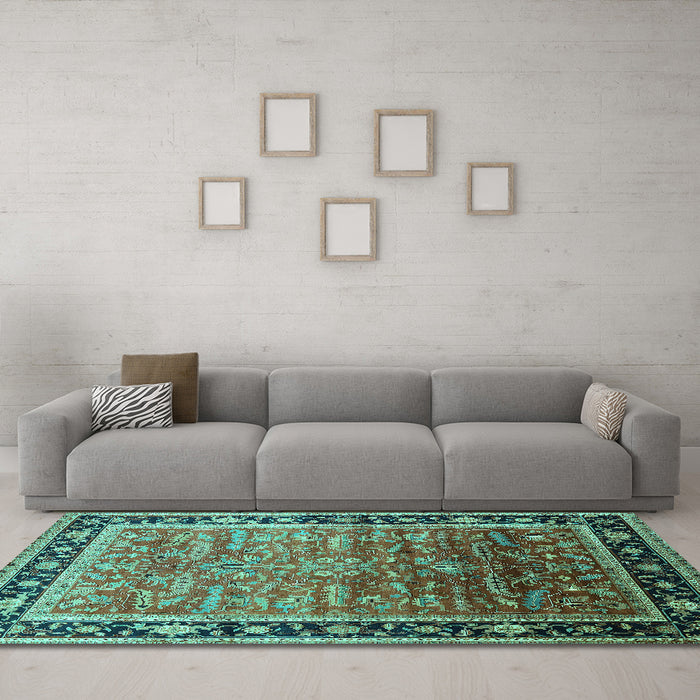 Machine Washable Oriental Turquoise Industrial Area Rugs in a Living Room,, wshurb2036turq