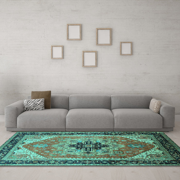 Machine Washable Oriental Turquoise Industrial Area Rugs in a Living Room,, wshurb2038turq