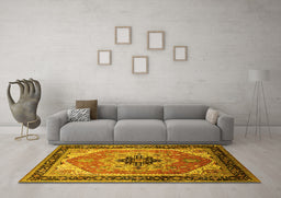 Machine Washable Oriental Yellow Industrial Rug in a Living Room, wshurb2038yw