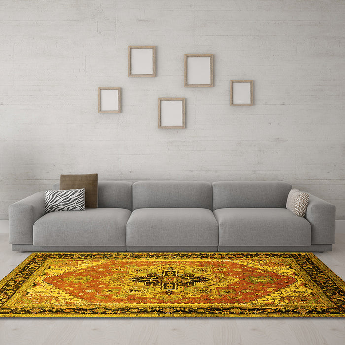 Machine Washable Oriental Yellow Industrial Rug in a Living Room, wshurb2038yw