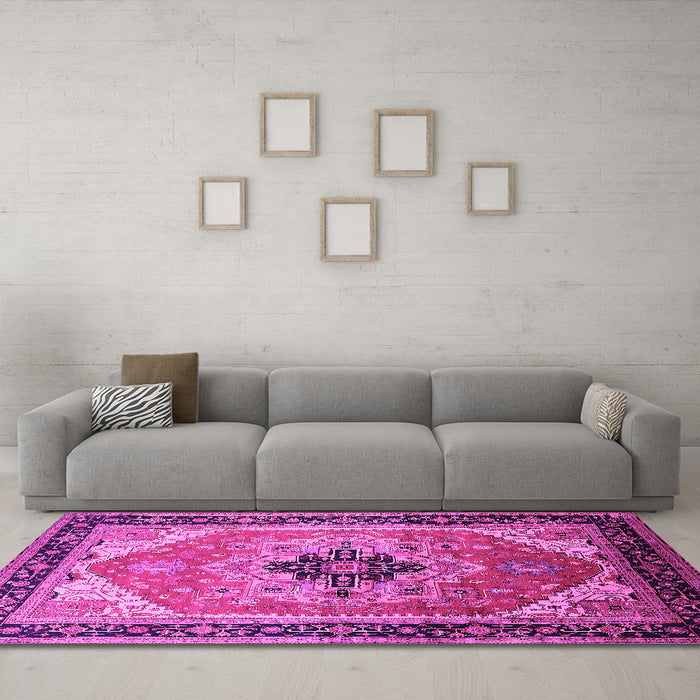 Machine Washable Oriental Pink Industrial Rug in a Living Room, wshurb2038pnk