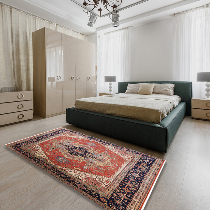 Mid-Century Modern Brown Red Oriental Rug in a Bedroom, urb2038