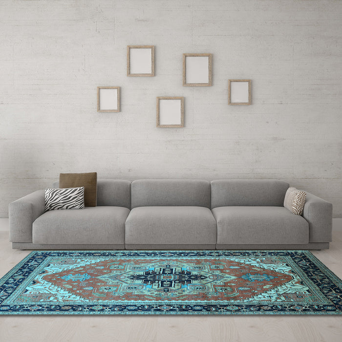 Machine Washable Oriental Light Blue Industrial Rug in a Living Room, wshurb2038lblu