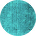 Round Machine Washable Oriental Turquoise Industrial Area Rugs, wshurb2039turq