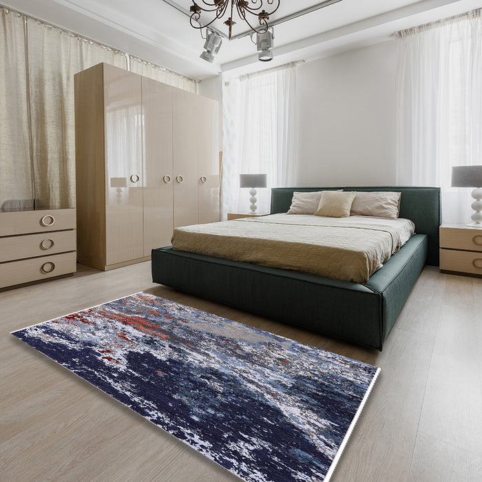 Mid-Century Modern Dark Slate Blue Oriental Rug in a Bedroom, urb2043