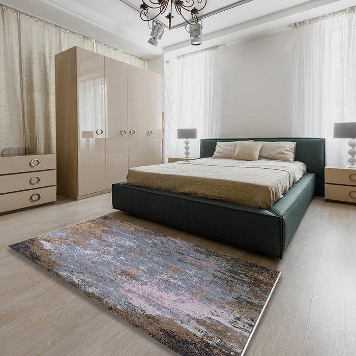 Mid-Century Modern Coffee Brown Oriental Rug in a Bedroom, urb2045