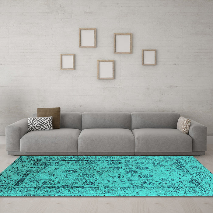 Machine Washable Oriental Turquoise Industrial Area Rugs in a Living Room,, wshurb2051turq