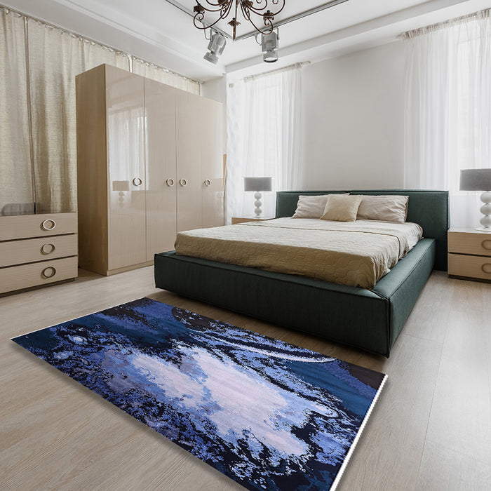 Mid-Century Modern Blue Oriental Rug in a Bedroom, urb2057