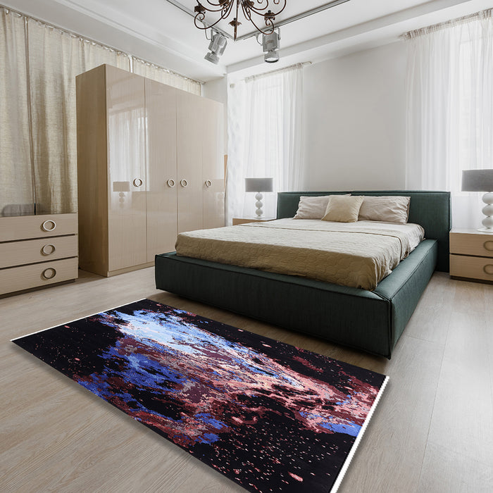 Mid-Century Modern Mid Gray Oriental Rug in a Bedroom, urb2062