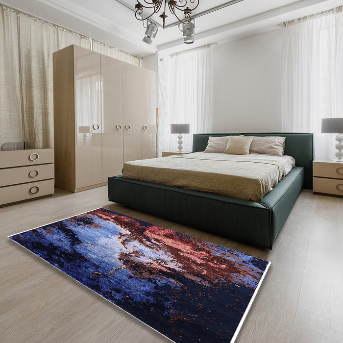 Mid-Century Modern Deep Purple Oriental Rug in a Bedroom, urb2068