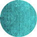 Round Machine Washable Oriental Turquoise Industrial Area Rugs, wshurb2077turq