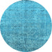 Round Machine Washable Oriental Light Blue Industrial Rug, wshurb2079lblu