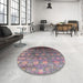 Round Mid-Century Modern Maroon Purple Oriental Rug in a Office, urb2081