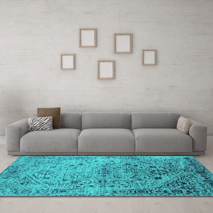 Machine Washable Oriental Turquoise Industrial Area Rugs in a Living Room,, wshurb2090turq