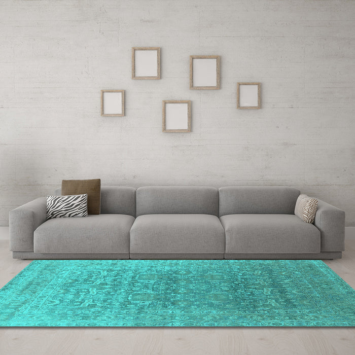Machine Washable Oriental Turquoise Industrial Area Rugs in a Living Room,, wshurb2091turq