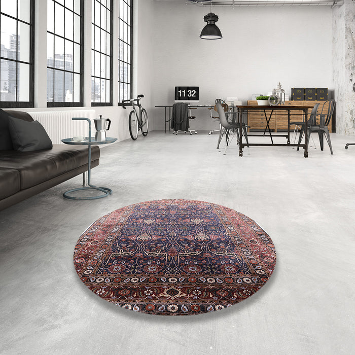 Round Mid-Century Modern Maroon Purple Oriental Rug in a Office, urb2093