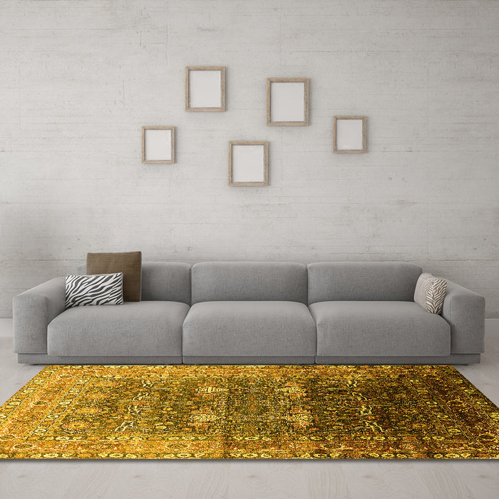Machine Washable Oriental Yellow Industrial Rug in a Living Room, wshurb2093yw